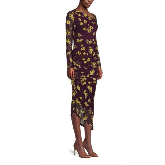 Calvin Klein Floral Ruched Mesh Midi Dress Asymmetrical Hem Purple Yellow Sz XL - Picture 4 of 15